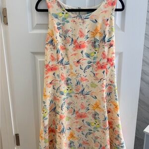 Skies Are Blue Cream Floral A-Line Dress with Coral, Blue & Yellow Accents